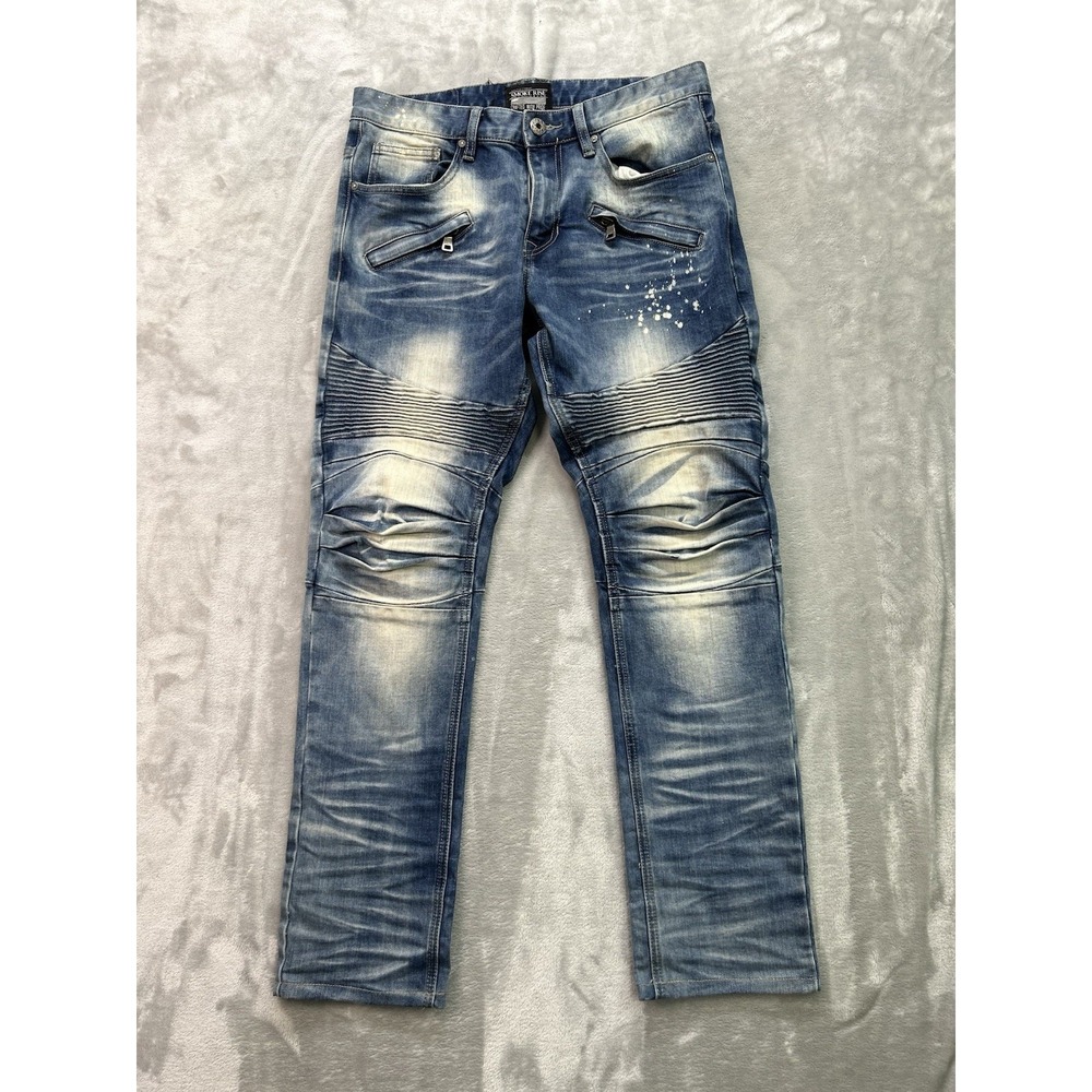 Smoke Rise Men's Whiskered Acid Wash Moto Blue Jeans Size 32/30 Stretch Ribbed